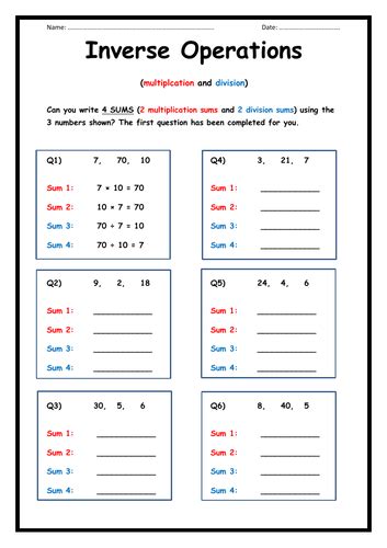 Inverse Operations Multiplication And Division Sums Teaching Resources