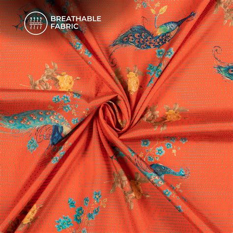 Orange Soda Peacock Pattern Digital Print Crepe Silk Fabric Fabcurate