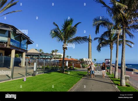 Gran Canaria Maspalomas Paseo Maritim Promenade And Beach Stock