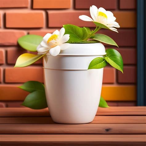 Flor Kalanchoe Em Vaso Branco Sobre A Mesa Fundo De Tijolo Foto