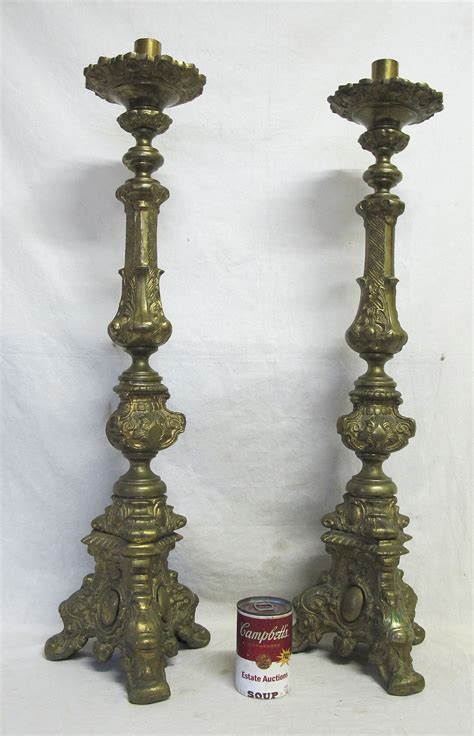 2 Antique 32 Ornate Gilt Brass Church Floor Candlesticks Candle Holders Yqz Ebay