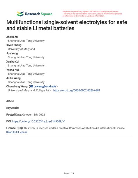 PDF Multifunctional Single Solvent Electrolytes For Safe And Stable