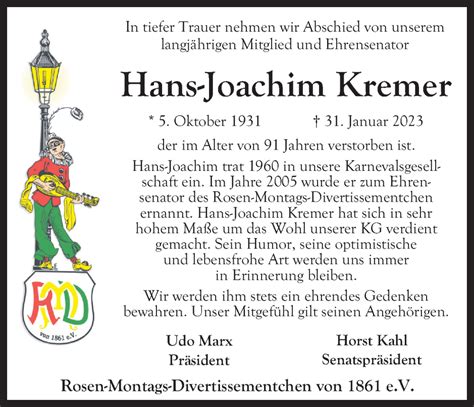 Traueranzeigen Von Hans Joachim Kremer Wirtrauern