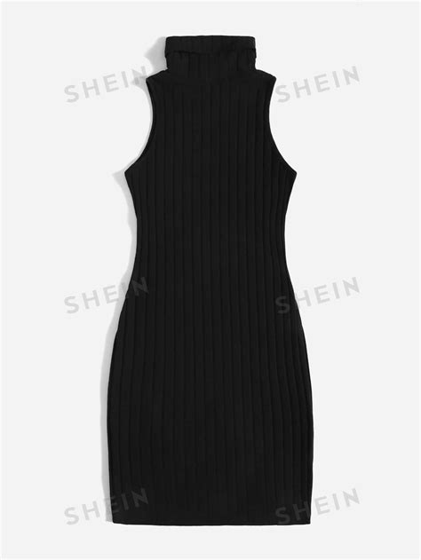 Shein Privé Vestido Cuello Alto Tejido De Canalé Moda De Mujer