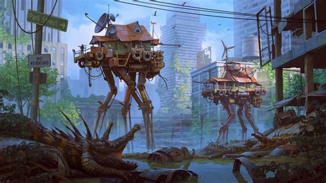 Post Apocalyptic Sci Fi City Creature Hd Wallpaper By Sergey Orlyansky