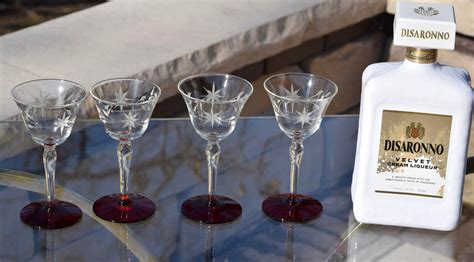 4 Vintage Etched Liqueur Wine Glasses Ruby Red Foot Circa 1950