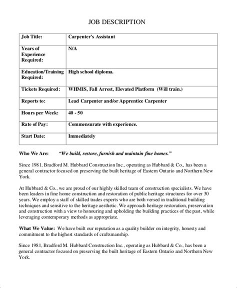 Free 10 Sample Carpenter Job Description Templates In Ms Word Pdf