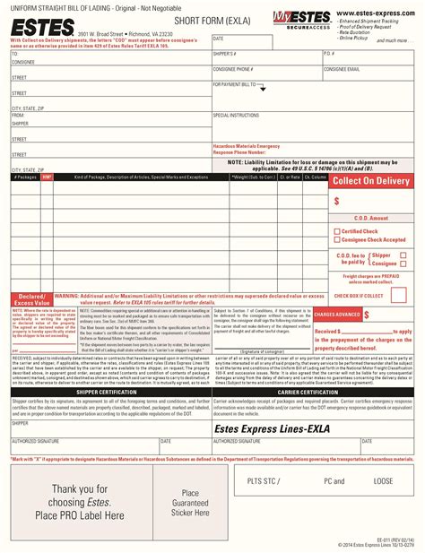 ESTES FREIGHT BILL OF LADING PDF