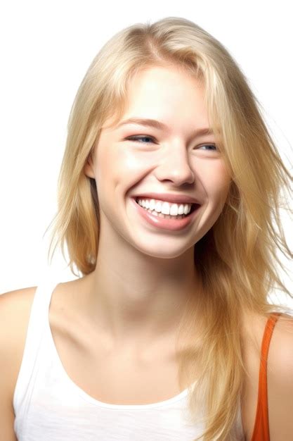 Una Mujer Joven Sonriendo Alegremente Y Aislada En Un Fondo Blanco