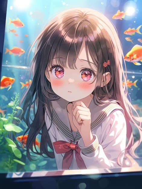 Chica De Anime Con Cabello Largo Y Ojos Rosados Mirando A Peces