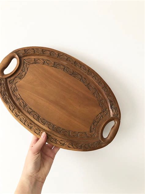 Vintage Wooden Tray Hand Carved Wooden Oval Tray Decorative Serving