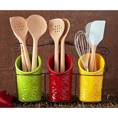 Kitchen Utensil Holder Set 4 Pieces 3 Ceramic Crocks And 1 Portable Wire 747865514579 Ebay