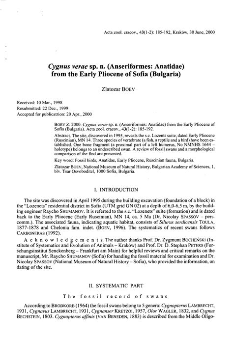 Pdf Cygnus Verae Sp N Anseriformes Anatidae From The Early