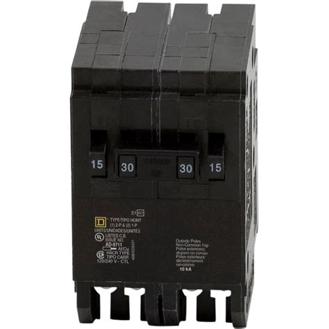 Square D Homeline 2-15 Amp Single-Pole 1-30 Amp 2-Pole Quad Tandem Circuit Breaker-HOMT1515230CP ...