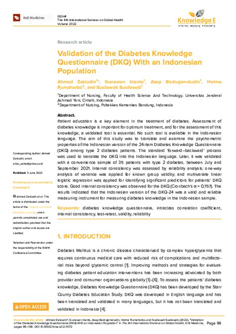 Pdf Validation Of The Diabetes Knowledge Questionnaire Dkq With An Indonesian Population