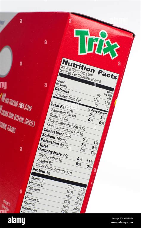 Nutrition Facts Information Label On Trix Cereal Box Stock Photo Alamy