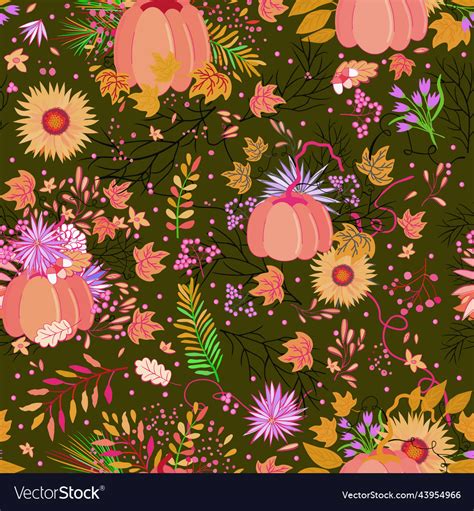 Seamless Pattern With Pumpkins Leaves Royalty Free Vector