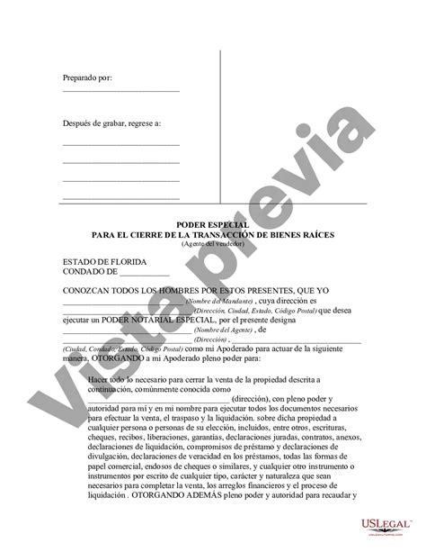 Florida Poder Notarial Especial O Limitado Para Transacciones De Venta De Bienes Raíces Por