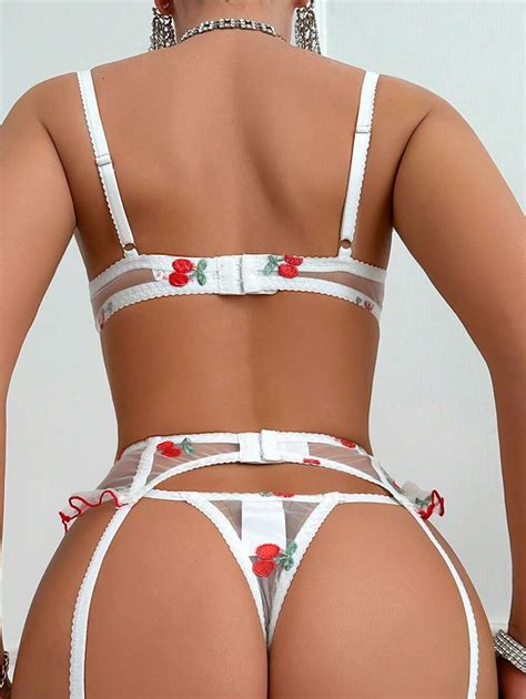 Womens Cherry Embroidery Sheer Sexy Lingerie Set Shein Usa