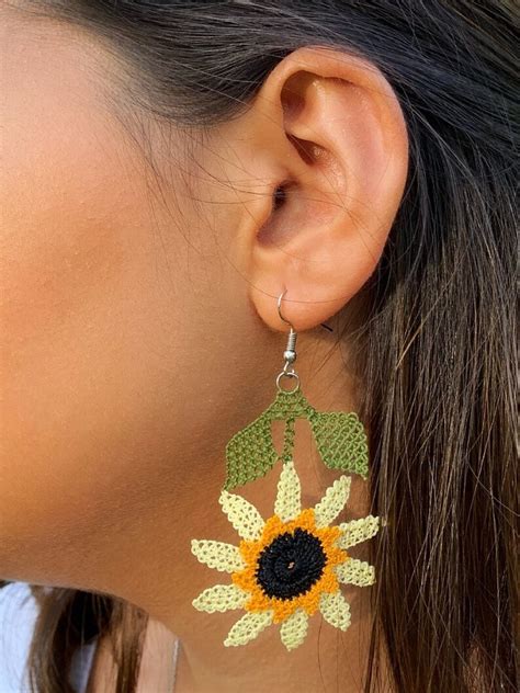 Crochet Earrings Summer Sunflower Earrings Dangle Large Etsy