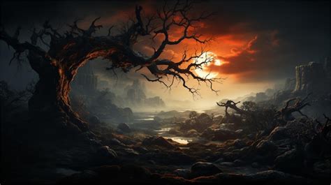 Premium Ai Image Fantasy Landscape With Dead Tree And Full Moon D