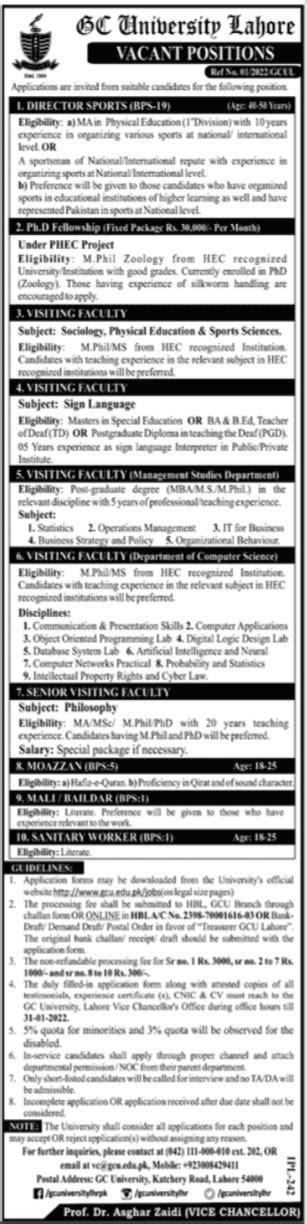 Gc University Lahore Faculty Staff Jobs 2022 2024 Job Advertisement