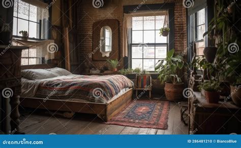 Bedroom Decor, Home Interior Design . Rustic Bohemian Style Stock Photo ...