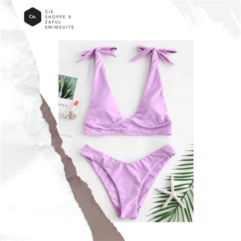 Zaful Tie Shoulder Plunging Bikini Set Lovely Purple Lazada Ph