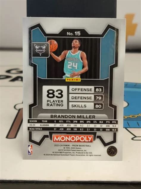 Monopoly Prizm Basketball Brandon Miller Recrue Rc Charlotte