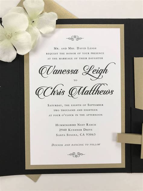 Black And Gold Metallic Wedding Invitation Classic Etsy