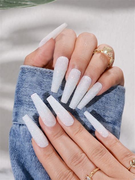 Transform Your Nails With 24pcs Long Coffin White Glitter Matte Fake Nail And 1pc Nail File