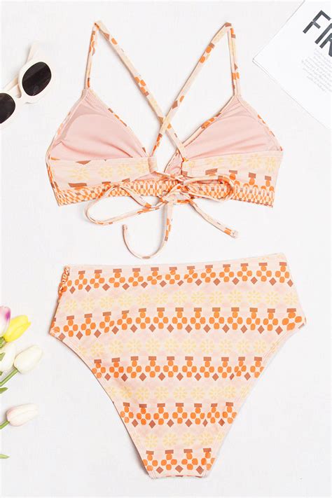 High Waist Bikini Mit Schn Rung Hinten Und Geo Print Cupshe Deutschland