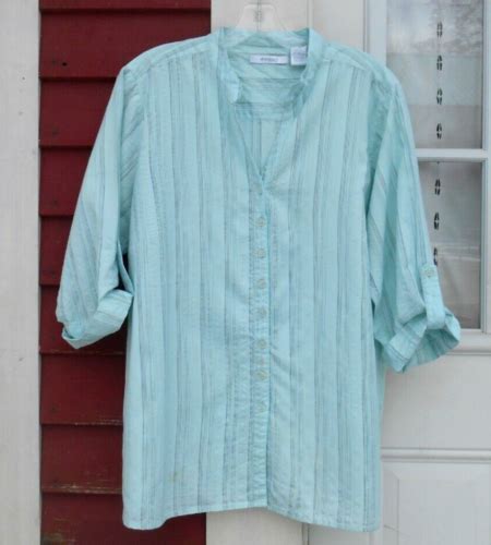 Dressbarn Aqua Roll Tab Sleeve V Neck Button Up Striped Shirt Size