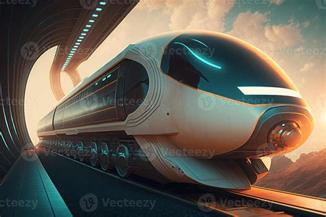 Futuristic Modern Train Monorail Fast Driving In Sci Fi Tunnel Coridor Concept Of Future Ai