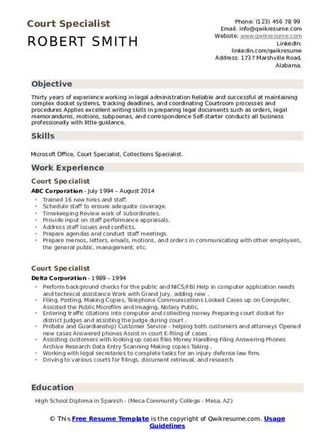 Court Specialist Resume Samples Qwikresume