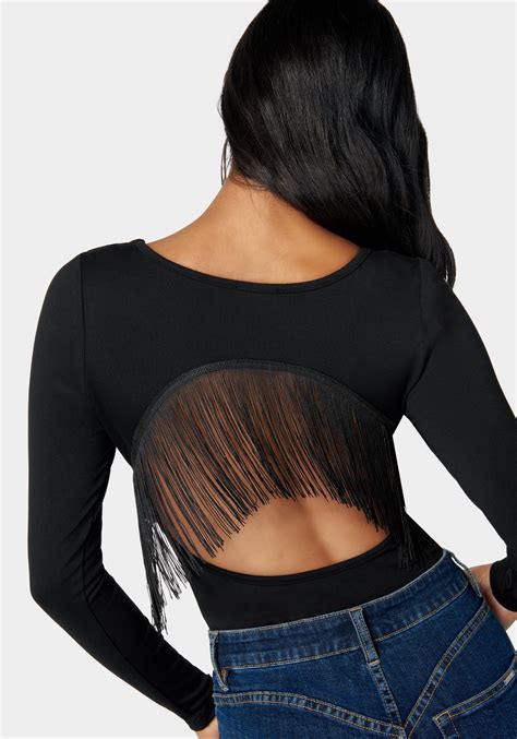 Open Back Fringe Trim Bodysuit Bebe