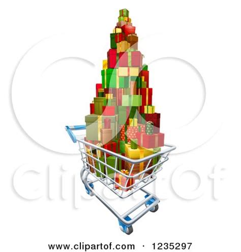 Clipart of a 3d Shopping Cart with a Stack of Christmas Presents - Royalty Free Vector ...