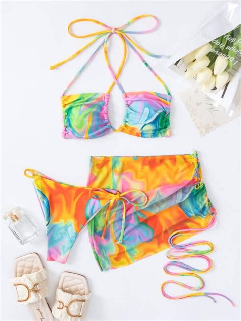 Shein Swim Vcay Tie Dye Halter Bikini Swimsuit With Beach Skirt Shein Usa