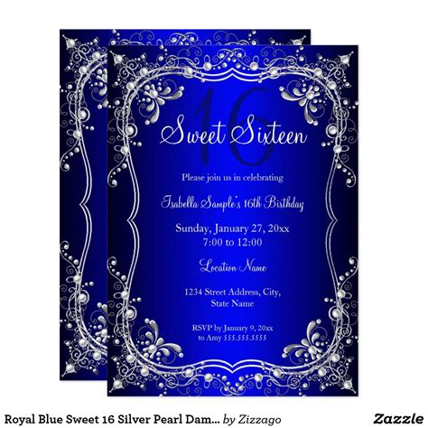 Royal Blue Sweet Silver Pearl Damask Party Invitation Zazzle