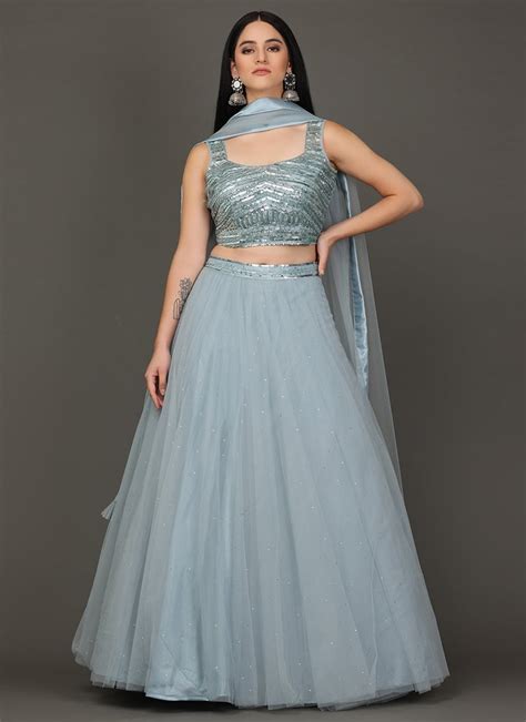 Shop Grey Net Moti N Sequins Hand Work Umbrella Lehenga Choli Wedding