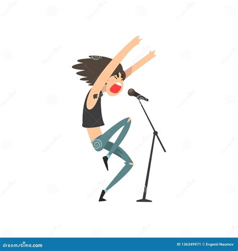 Rock Musician Male Singer Singing Into Microphone Vector Illustration