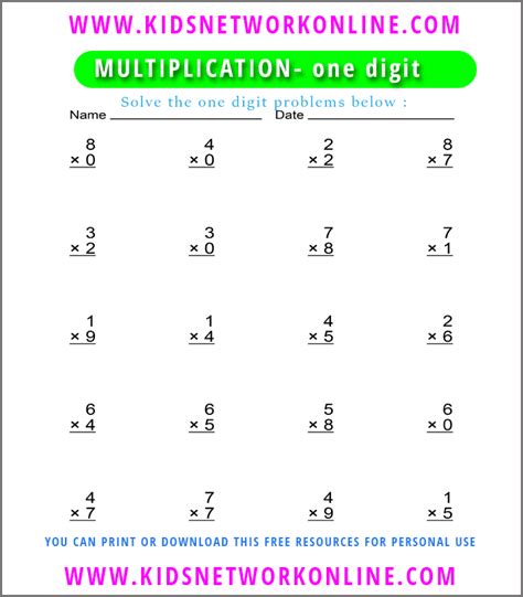 Printable And Downloadable One Digit Multiplication Worksheets Etsy