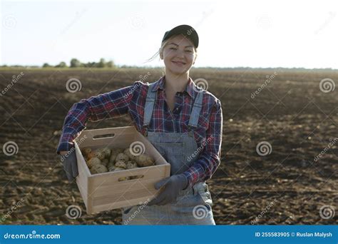 Happy Smiling Caucasian Female Potato Farmer Or Gardener Agriculture Food Stock Image Image