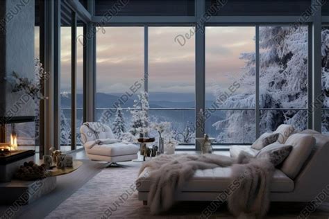 Cozy winter cabin interior with scenic view