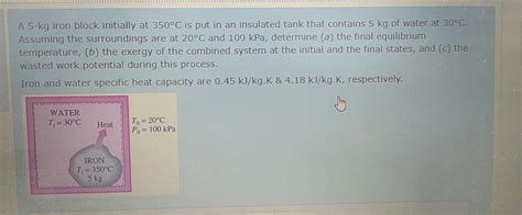 Solved A 5 Kg Iron Block Initially At 350C Is Put In An Chegg