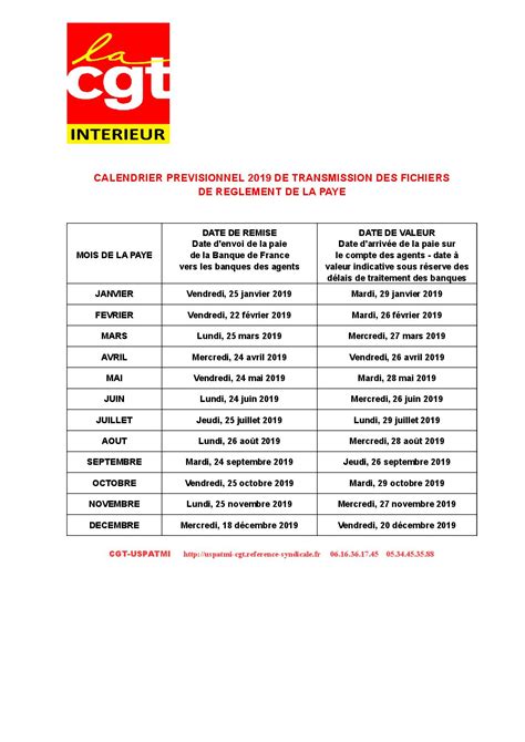 Calendrier De La Paye Cgt Int Rieur