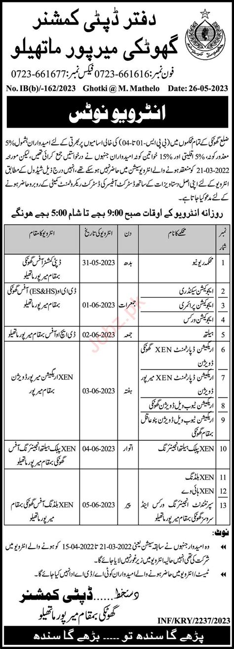 Deputy Commissioner Office Ghotki Jobs Interview Job