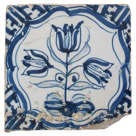 Antique Dutch Delft Ceramic Tile Hand Painted Tulips Holland 17th