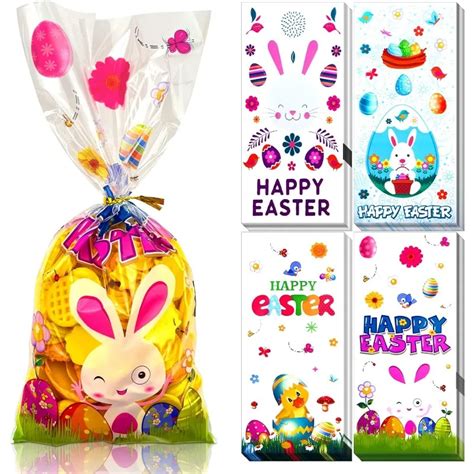 50pcs Easter Cellophane Candy Bags Easter Egg Rabbit Goodie Treat Bags