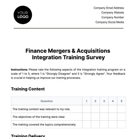 Free Finance Mergers And Acquisitions Integration Training Survey Template Edit Online